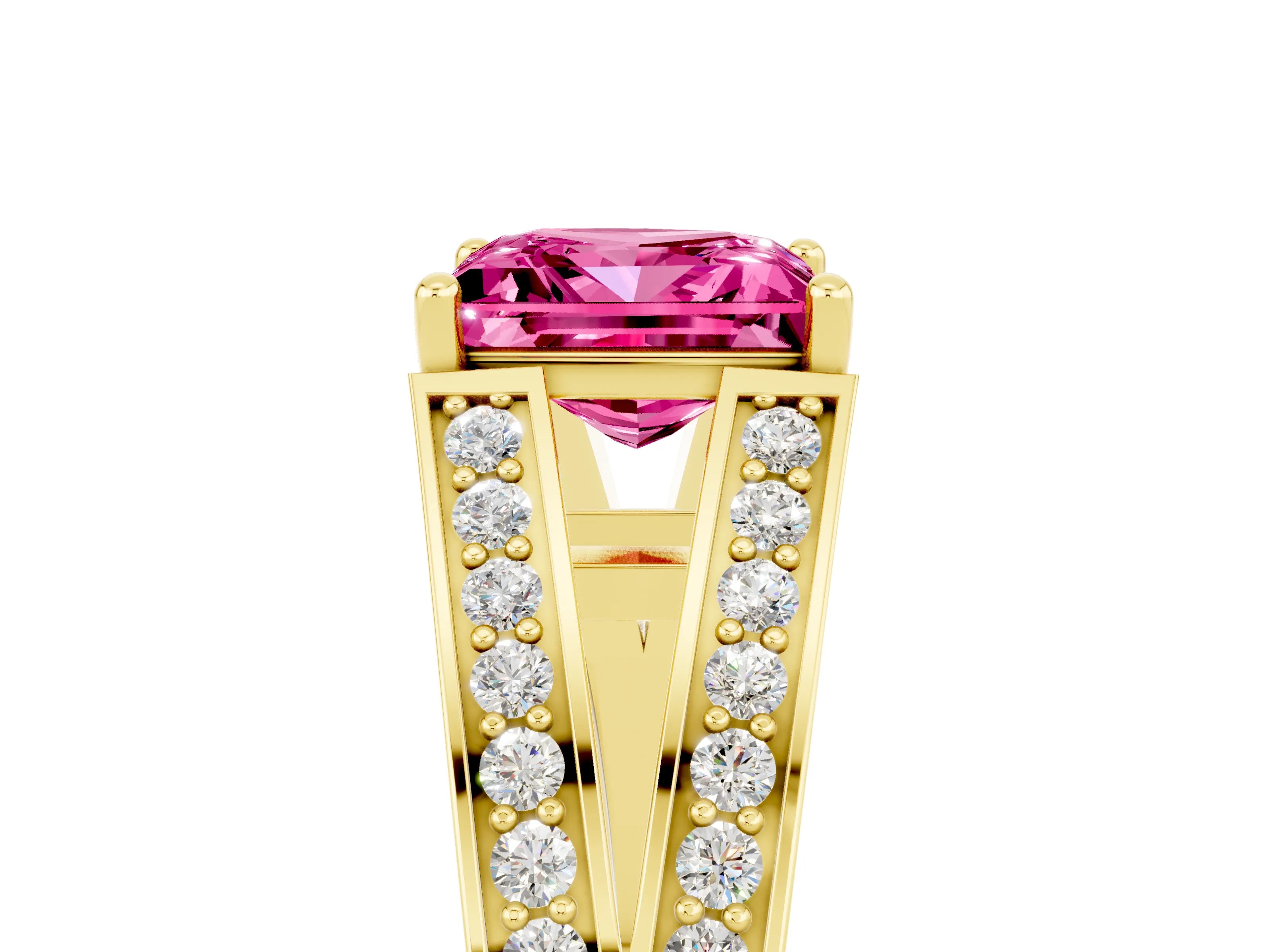 Yellow gold Princess Cut Pink Sapphire Split Shank Ring with Pavé Band and Four-Prong Setting_5
