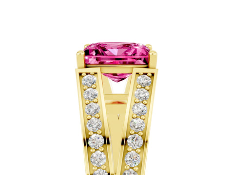 Yellow gold Princess Cut Pink Sapphire Split Shank Ring with Pavé Band and Four-Prong Setting_5