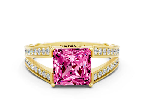 Yellow gold Princess Cut Pink Sapphire Split Shank Ring with Pavé Band and Four-Prong Setting