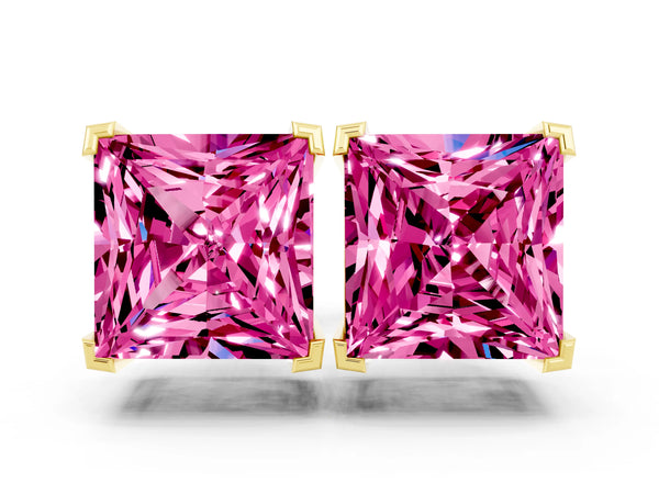 Yellow gold Princess Cut Pink Sapphire Stud Earrings