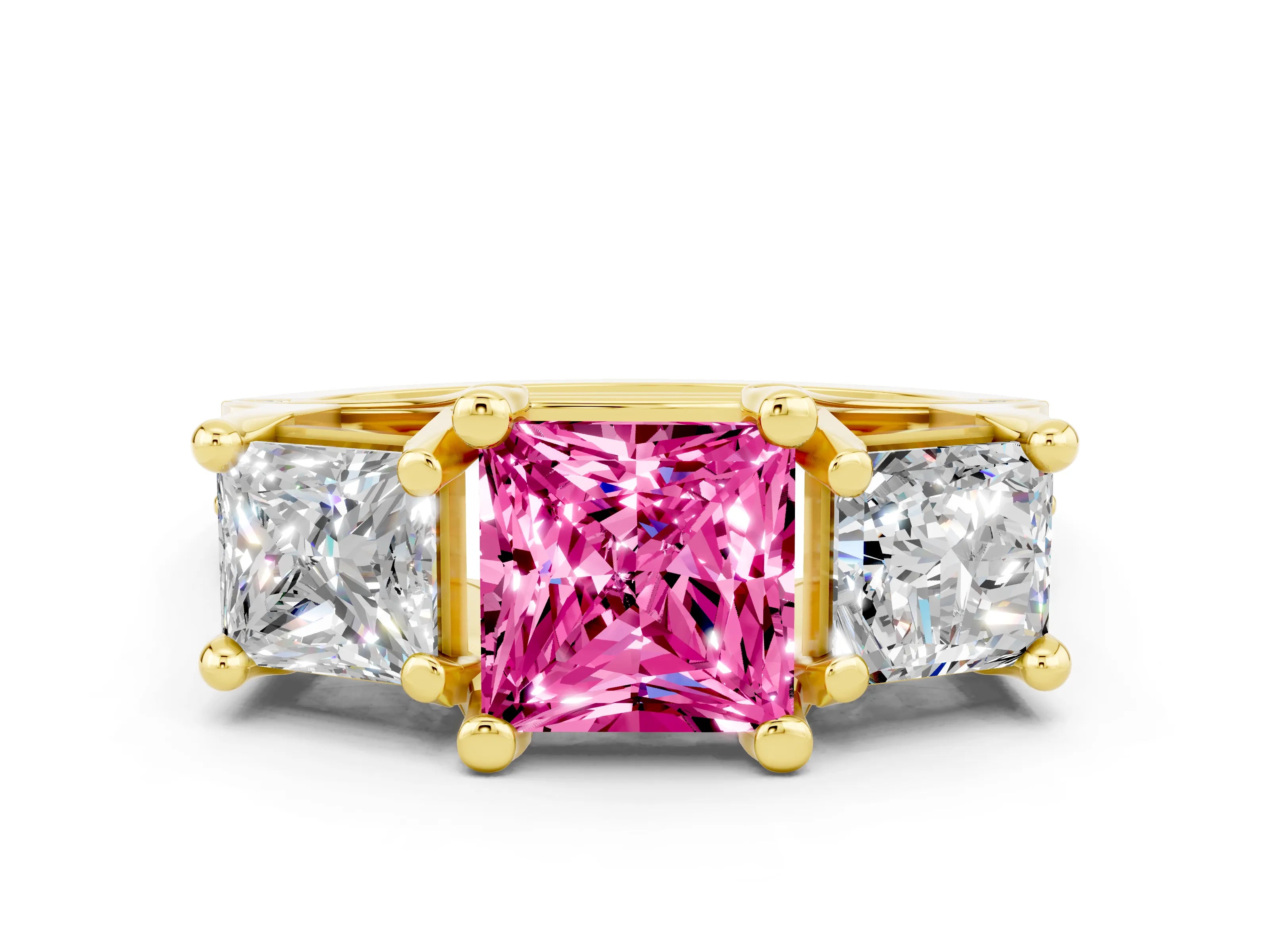 Yellow gold Princess Cut Pink Sapphire Three-Stone Ring with Channel Set Band and Four-Prong Setting