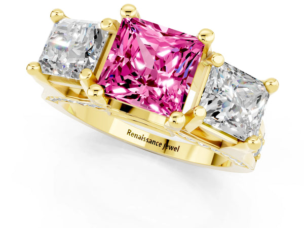 Yellow gold Princess Cut Pink Sapphire Three-Stone Ring with Channel Set Band and Four-Prong Setting
