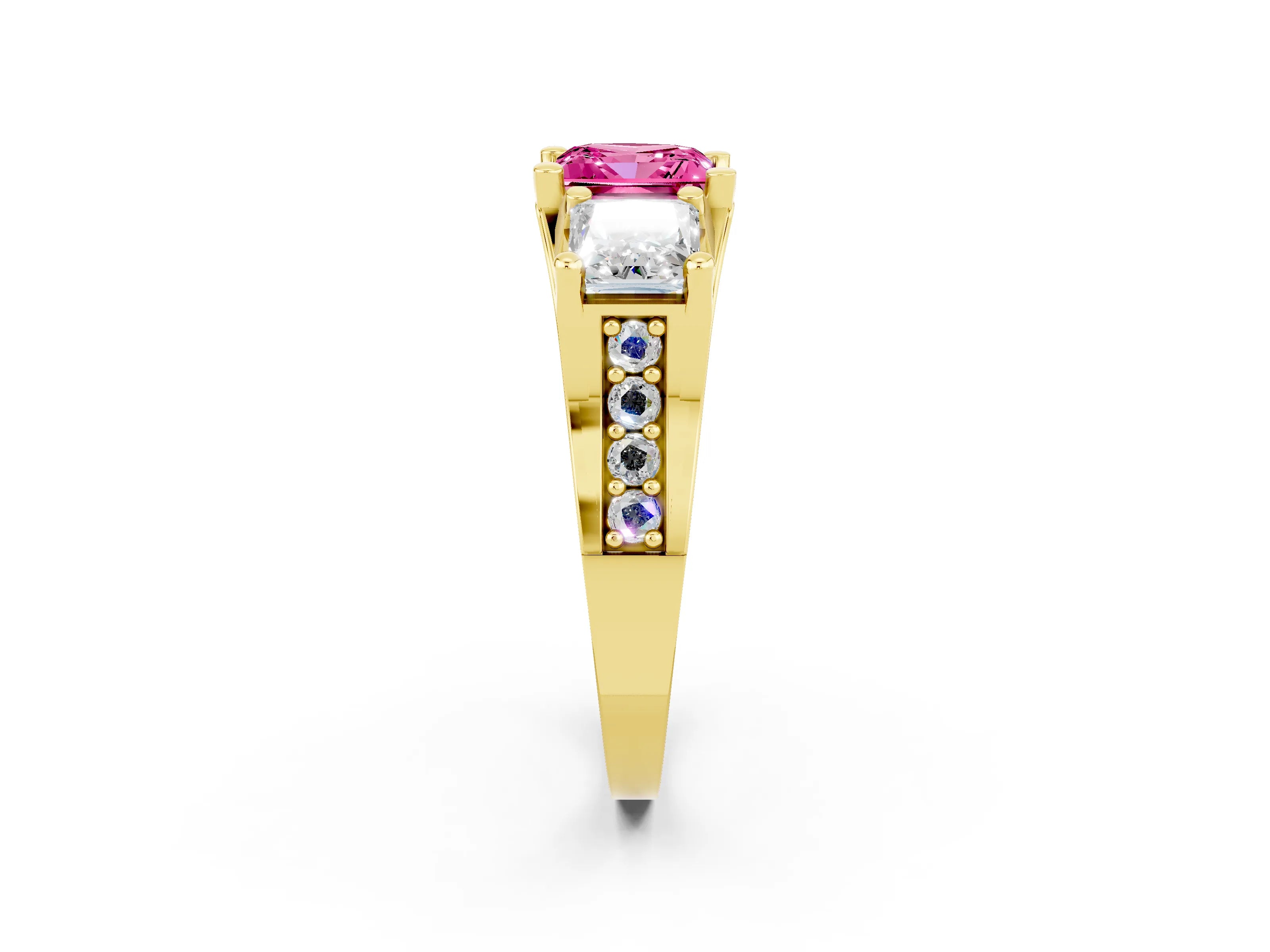Yellow gold Princess Cut Pink Sapphire Three-Stone Ring with Channel Set Band and Four-Prong Setting_2
