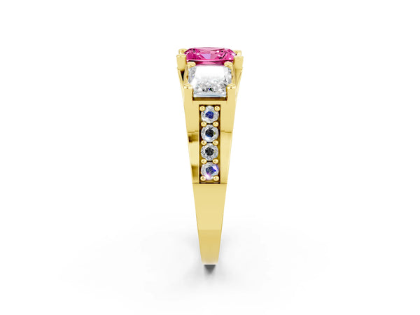 Yellow gold Princess Cut Pink Sapphire Three-Stone Ring with Channel Set Band and Four-Prong Setting