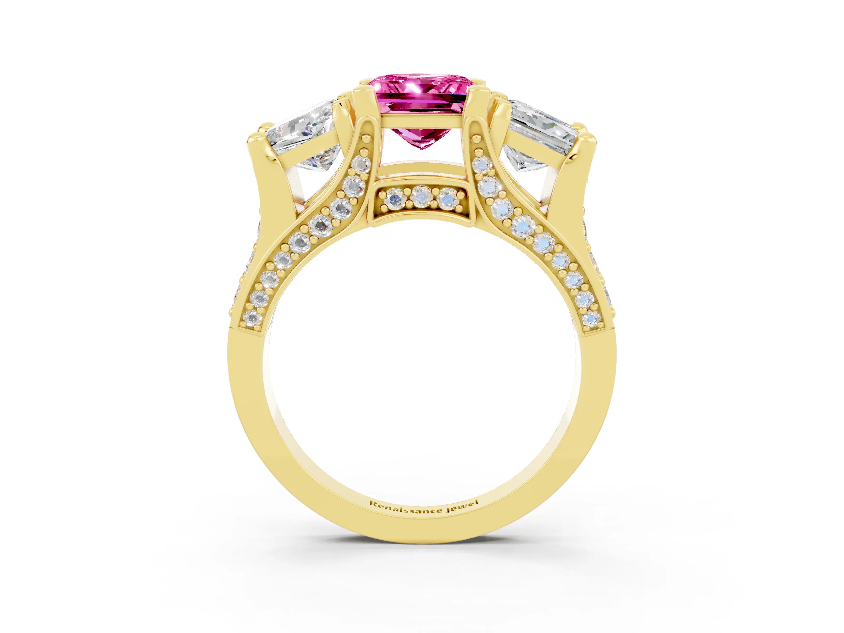 Yellow gold Princess Cut Pink Sapphire Three-Stone Ring with Channel Set Band and Four-Prong Setting_3