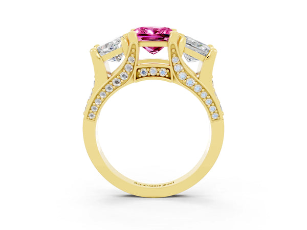 Yellow gold Princess Cut Pink Sapphire Three-Stone Ring with Channel Set Band and Four-Prong Setting