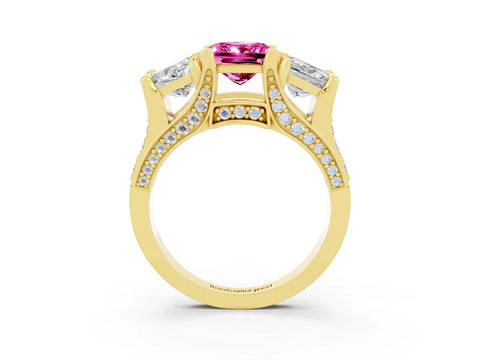 Yellow gold Princess Cut Pink Sapphire Three-Stone Ring with Channel Set Band and Four-Prong Setting_3