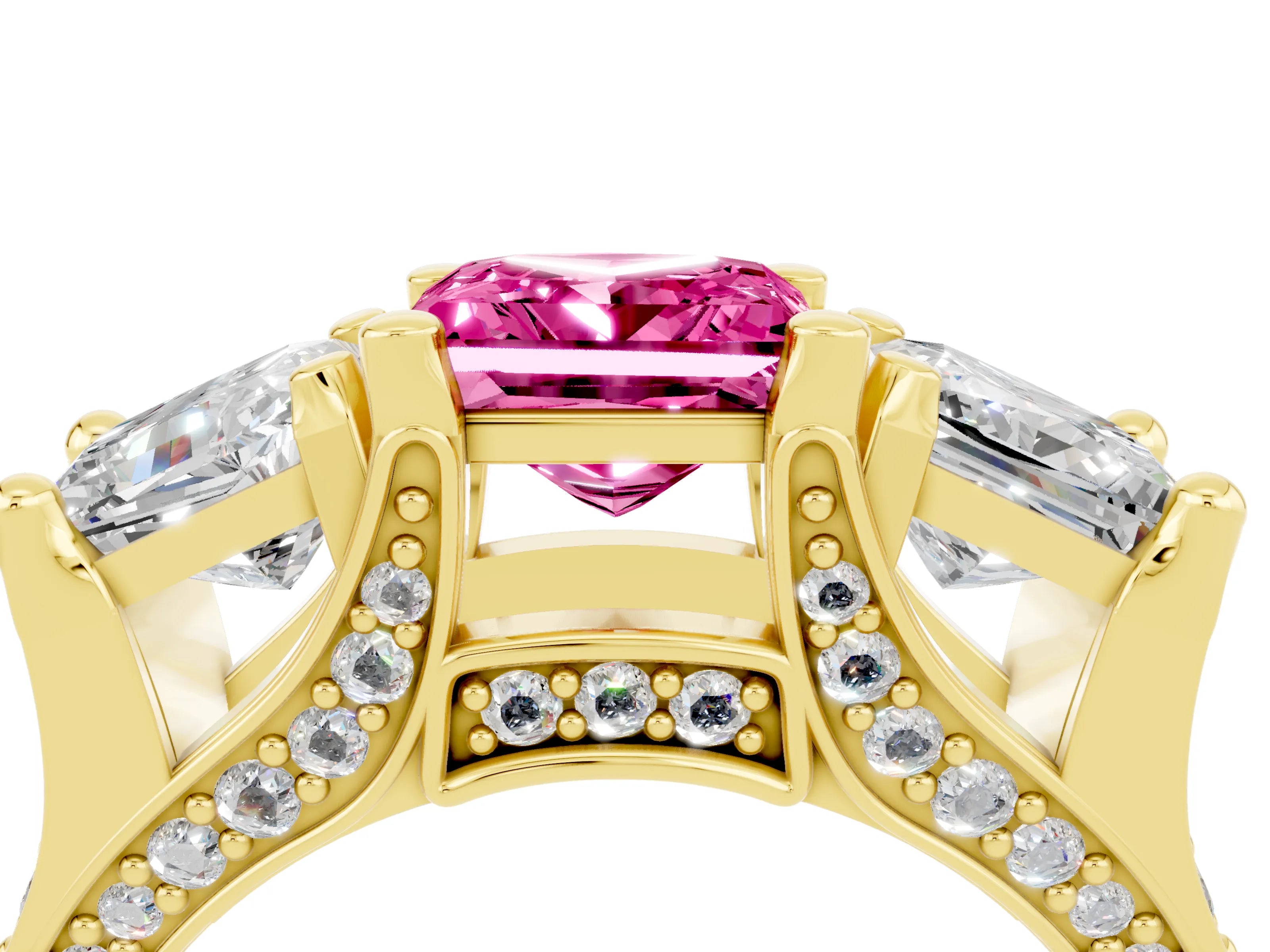 Yellow gold Princess Cut Pink Sapphire Three-Stone Ring with Channel Set Band and Four-Prong Setting_4