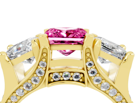 Yellow gold Princess Cut Pink Sapphire Three-Stone Ring with Channel Set Band and Four-Prong Setting_4