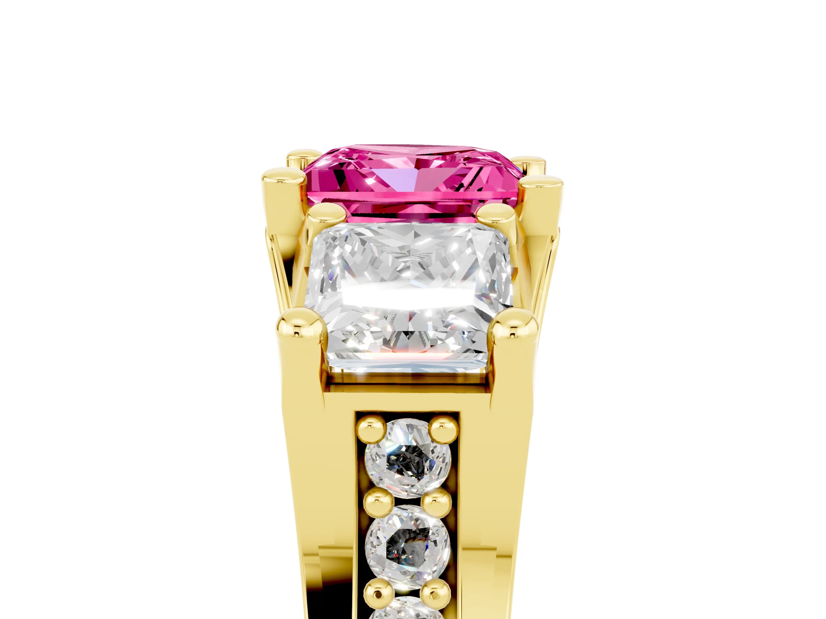 Yellow gold Princess Cut Pink Sapphire Three-Stone Ring with Channel Set Band and Four-Prong Setting_5