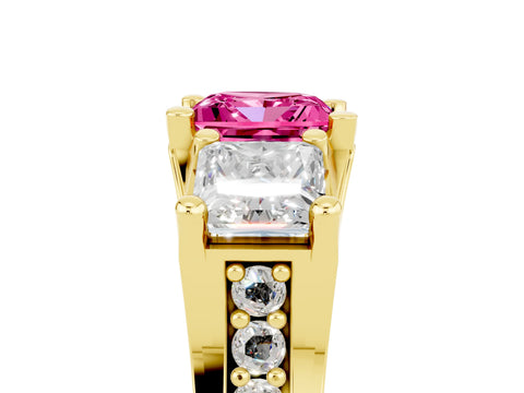 Yellow gold Princess Cut Pink Sapphire Three-Stone Ring with Channel Set Band and Four-Prong Setting_5