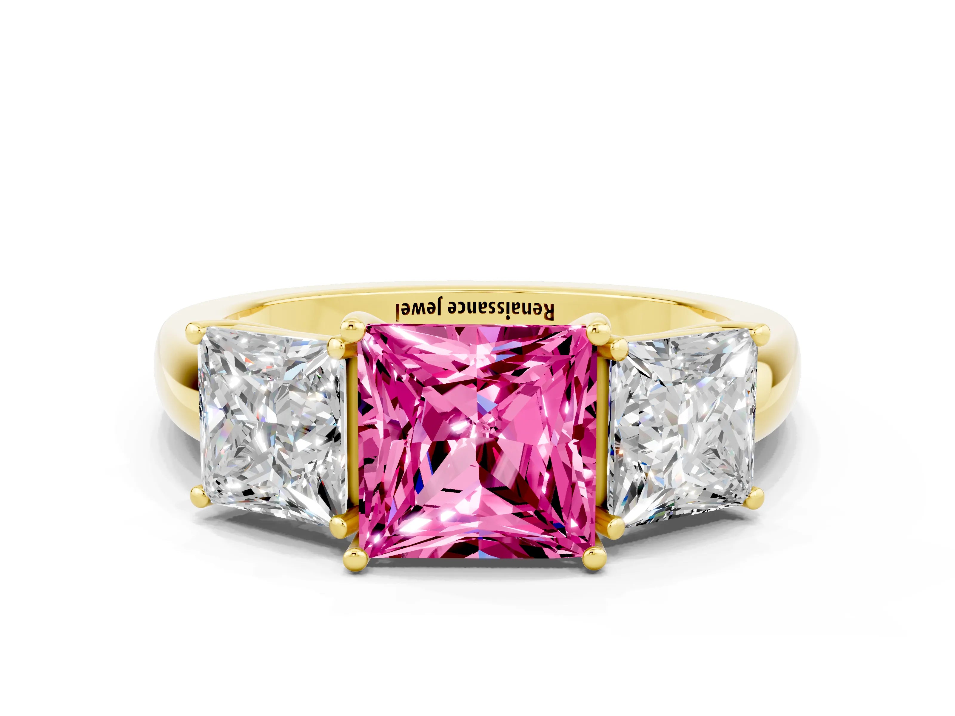 Yellow gold Princess Cut Pink Sapphire Three-Stone Ring with Four-Prong Setting and Classic Band