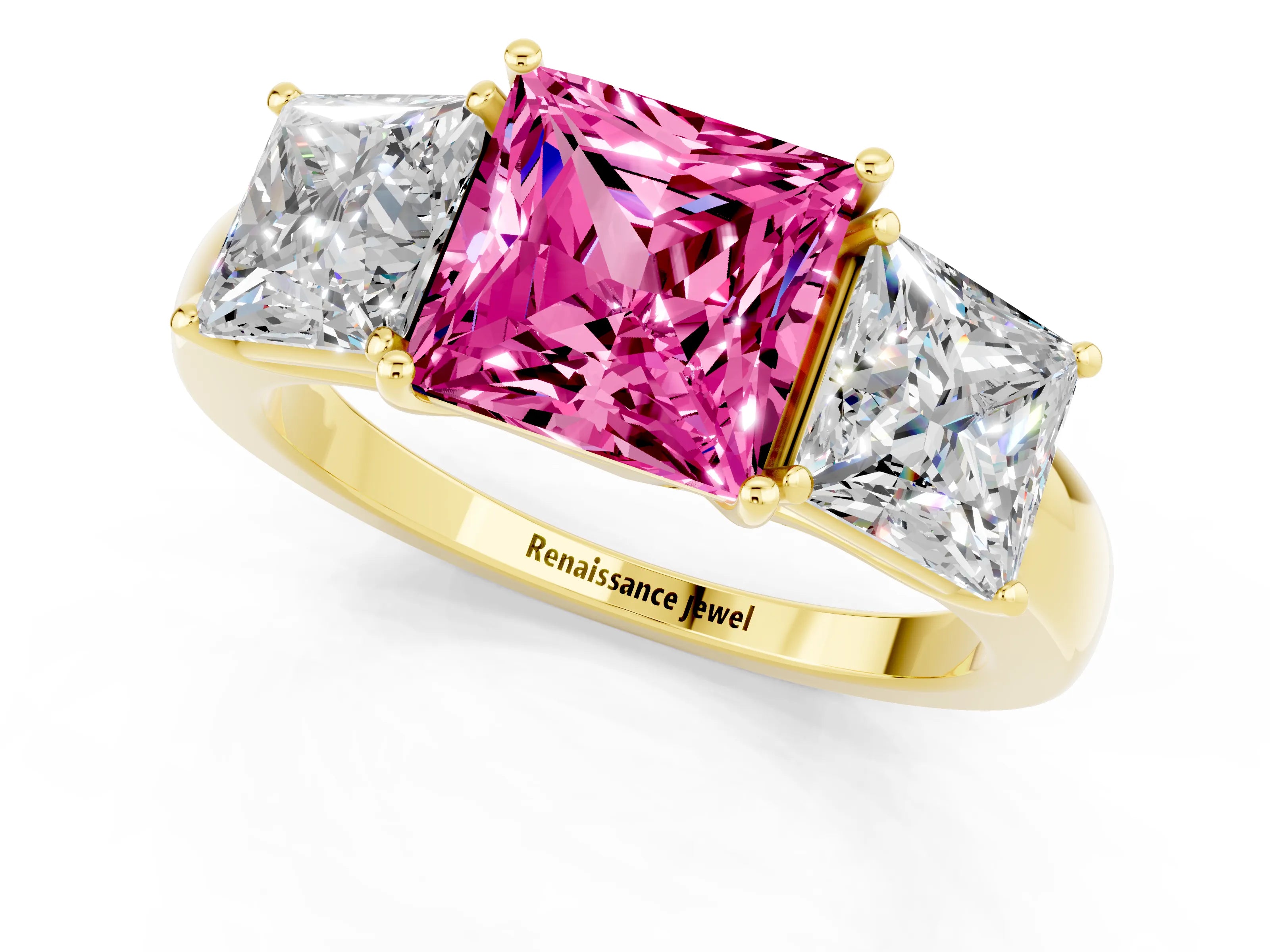Yellow gold Princess Cut Pink Sapphire Three-Stone Ring with Four-Prong Setting and Classic Band_1