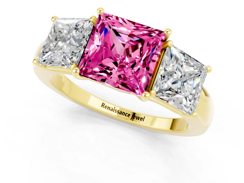Yellow gold Princess Cut Pink Sapphire Three-Stone Ring with Four-Prong Setting and Classic Band_1