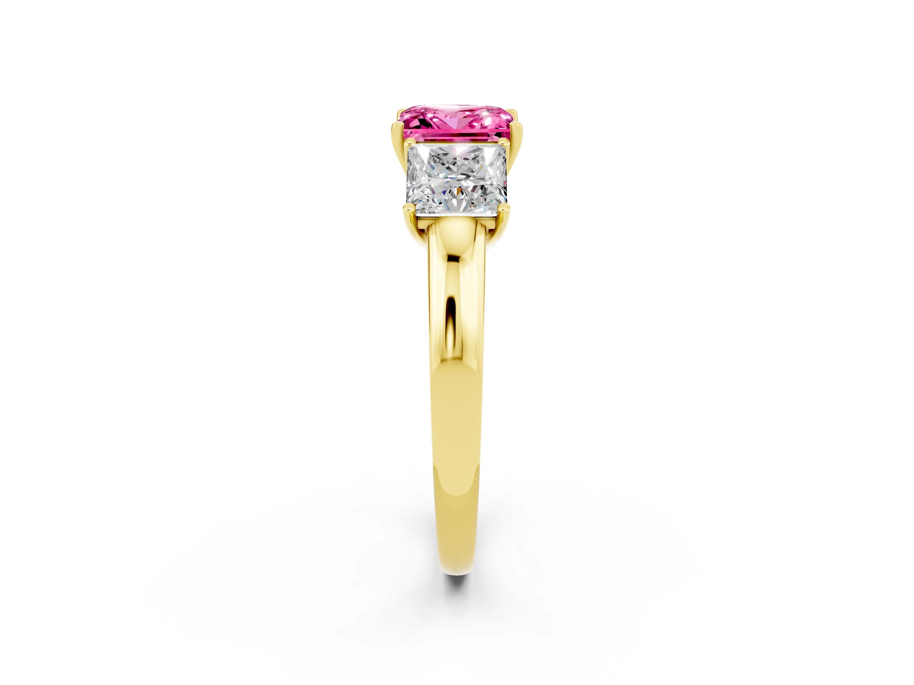 Yellow gold Princess Cut Pink Sapphire Three-Stone Ring with Four-Prong Setting and Classic Band_2