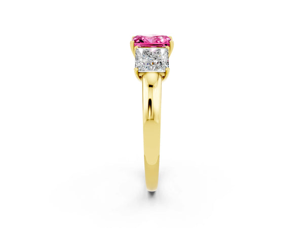 Yellow gold Princess Cut Pink Sapphire Three-Stone Ring with Four-Prong Setting and Classic Band