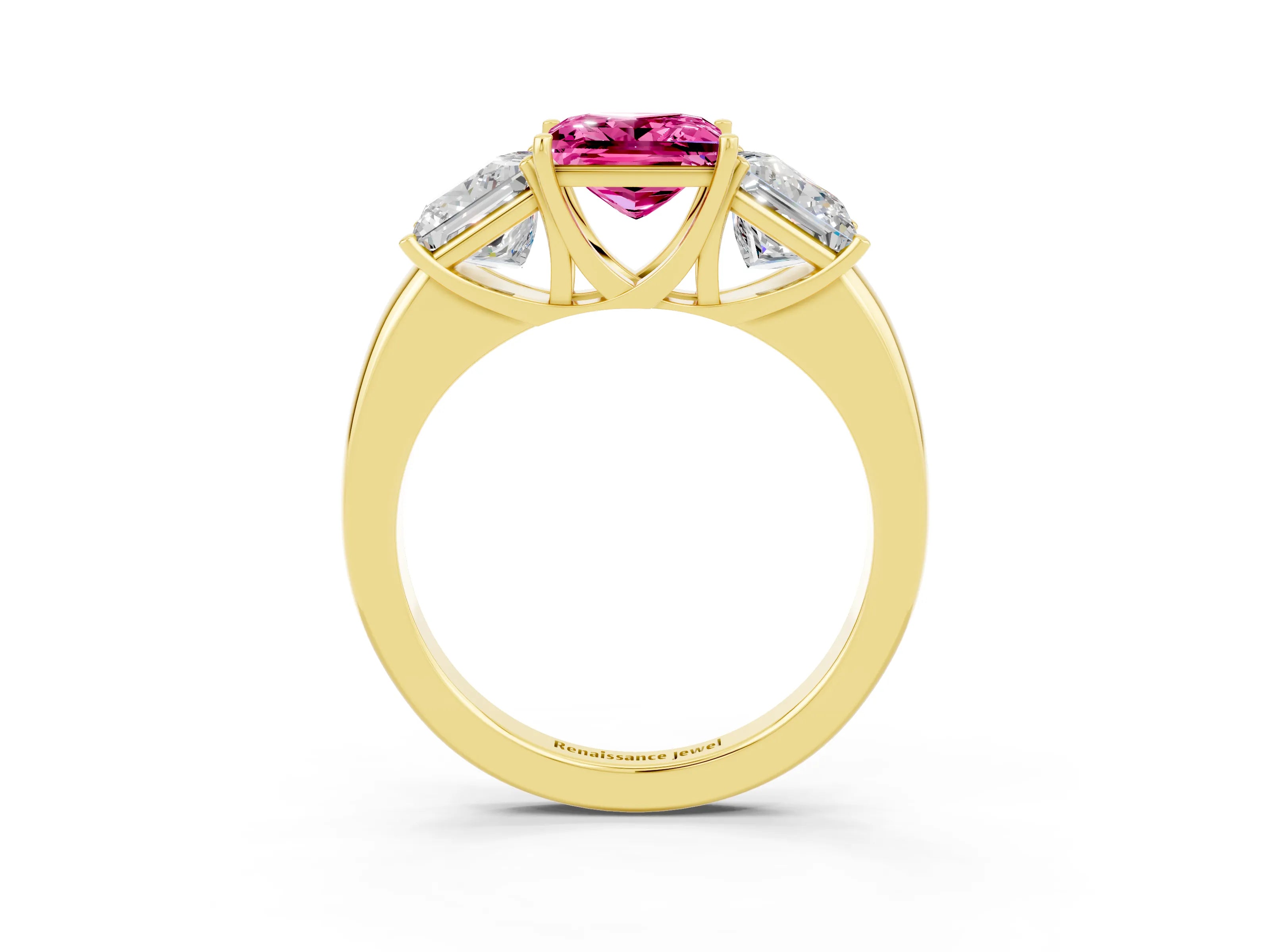 Yellow gold Princess Cut Pink Sapphire Three-Stone Ring with Four-Prong Setting and Classic Band_3