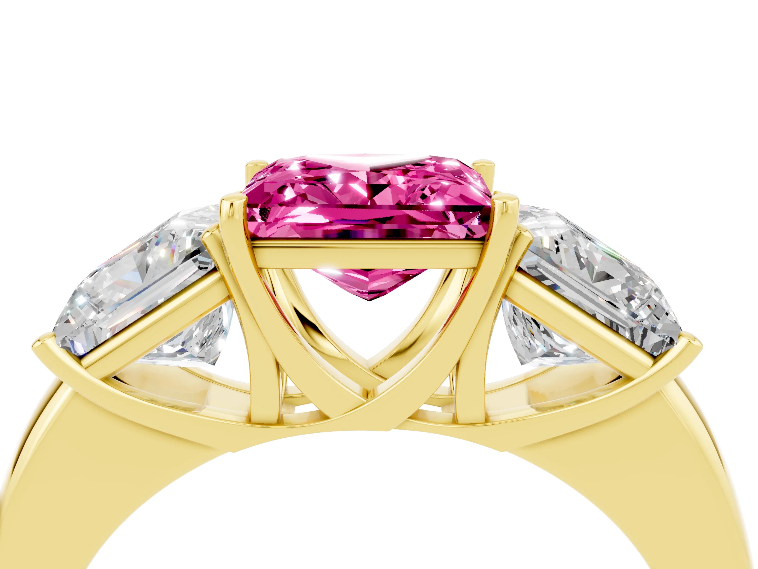 Yellow gold Princess Cut Pink Sapphire Three-Stone Ring with Four-Prong Setting and Classic Band_4