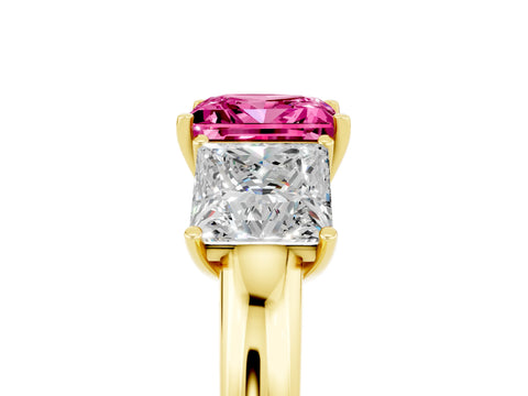 Yellow gold Princess Cut Pink Sapphire Three-Stone Ring with Four-Prong Setting and Classic Band_5