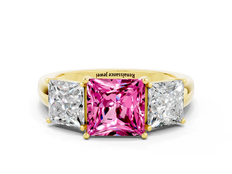 Yellow gold Princess Cut Pink Sapphire Three-Stone Ring with Four-Prong Setting and Classic Band