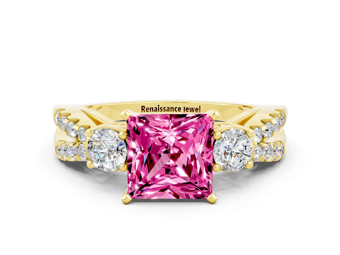 Yellow gold Princess Cut Pink Sapphire Three-Stone Ring with Pavé Split Shank and Four-Prong Setting_24