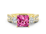 Yellow gold Princess Cut Pink Sapphire Three-Stone Ring with Pavé Split Shank and Four-Prong Setting_24