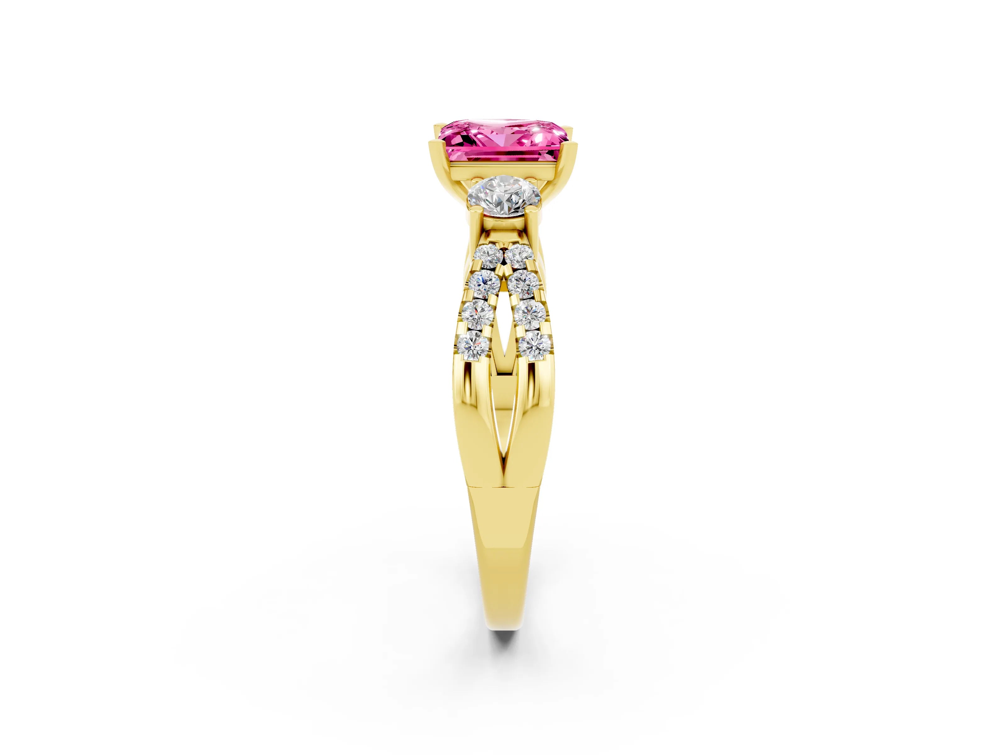 Yellow gold Princess Cut Pink Sapphire Three-Stone Ring with Pavé Split Shank and Four-Prong Setting_26