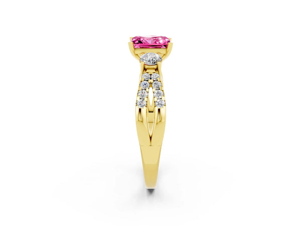 Yellow gold Princess Cut Pink Sapphire Three-Stone Ring with Pavé Split Shank and Four-Prong Setting