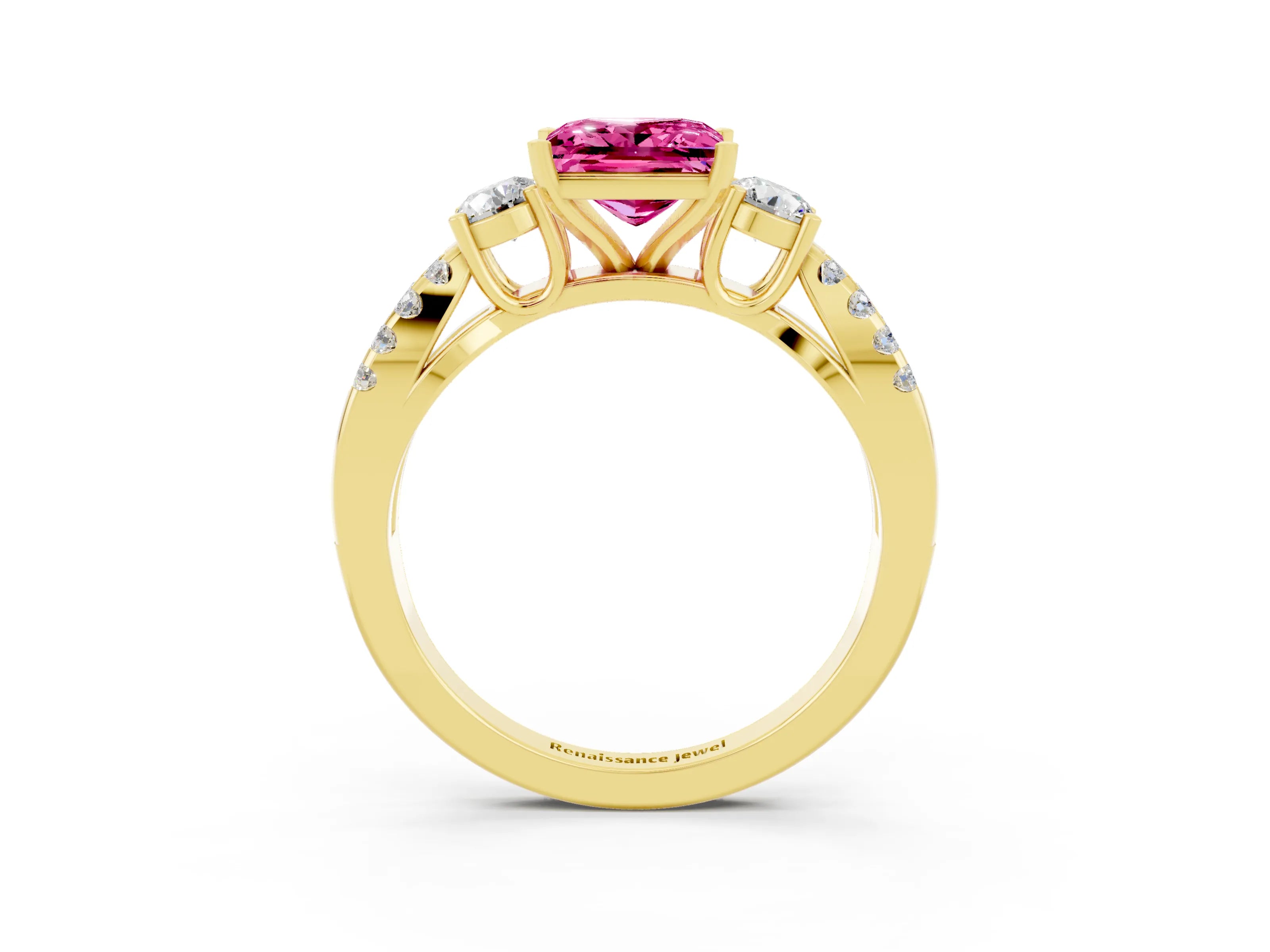 Yellow gold Princess Cut Pink Sapphire Three-Stone Ring with Pavé Split Shank and Four-Prong Setting_27