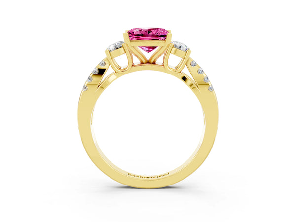 Yellow gold Princess Cut Pink Sapphire Three-Stone Ring with Pavé Split Shank and Four-Prong Setting