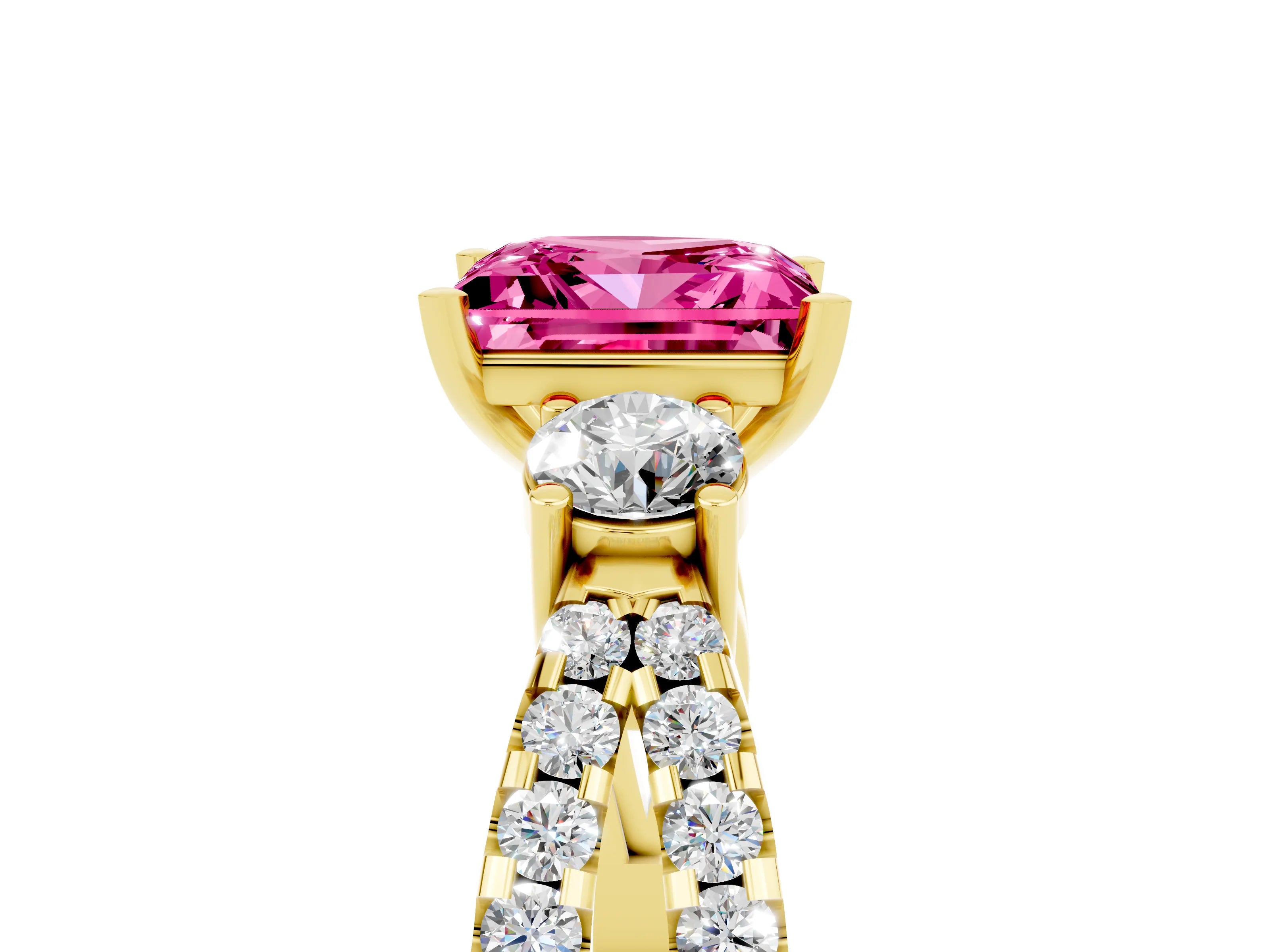 Yellow gold Princess Cut Pink Sapphire Three-Stone Ring with Pavé Split Shank and Four-Prong Setting_29