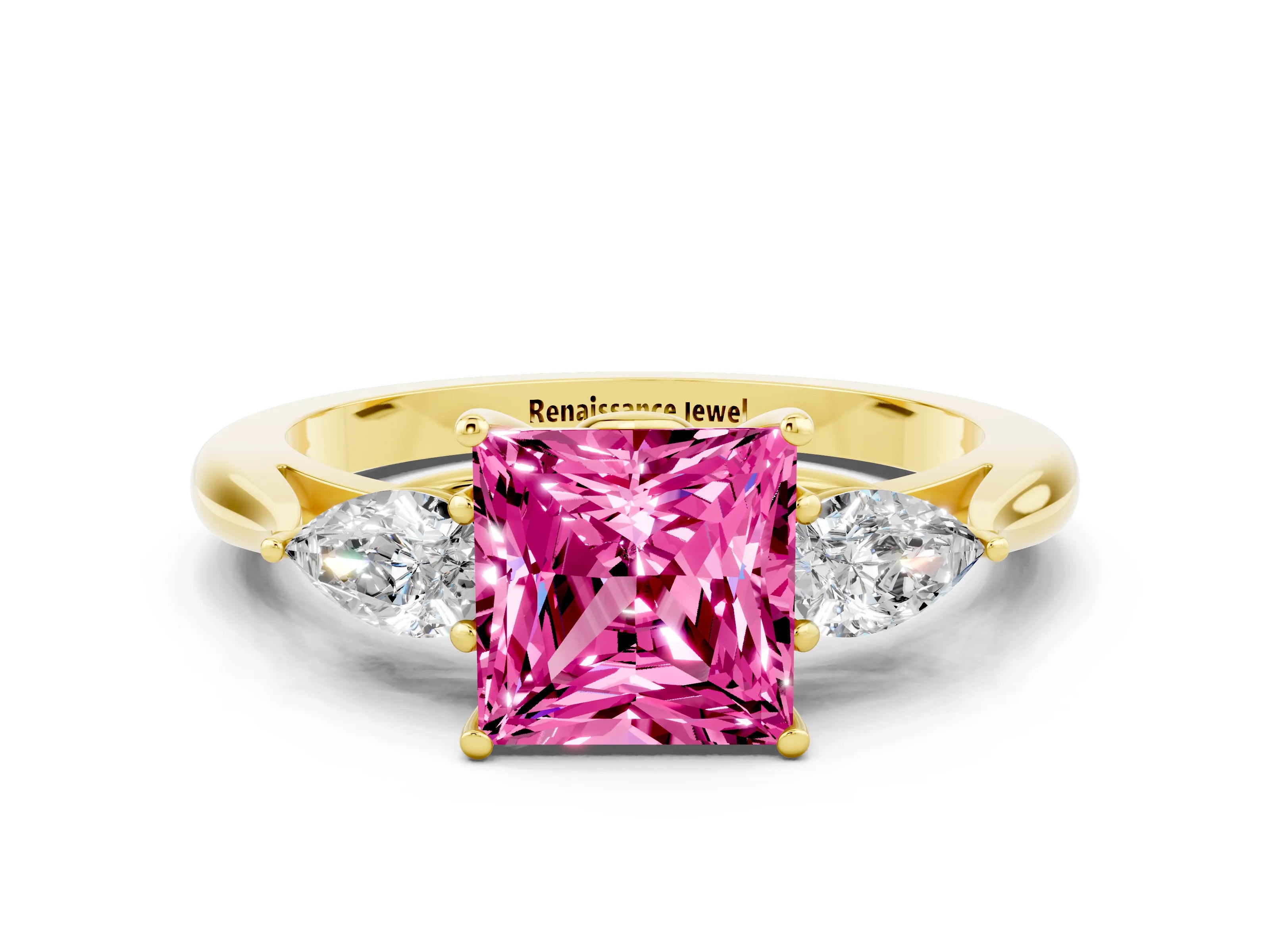 Yellow gold Princess Cut Pink Sapphire Three-Stone Ring with Pear Side Stones and Four-Prong Setting_12