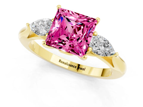 Yellow gold Princess Cut Pink Sapphire Three-Stone Ring with Pear Side Stones and Four-Prong Setting_13
