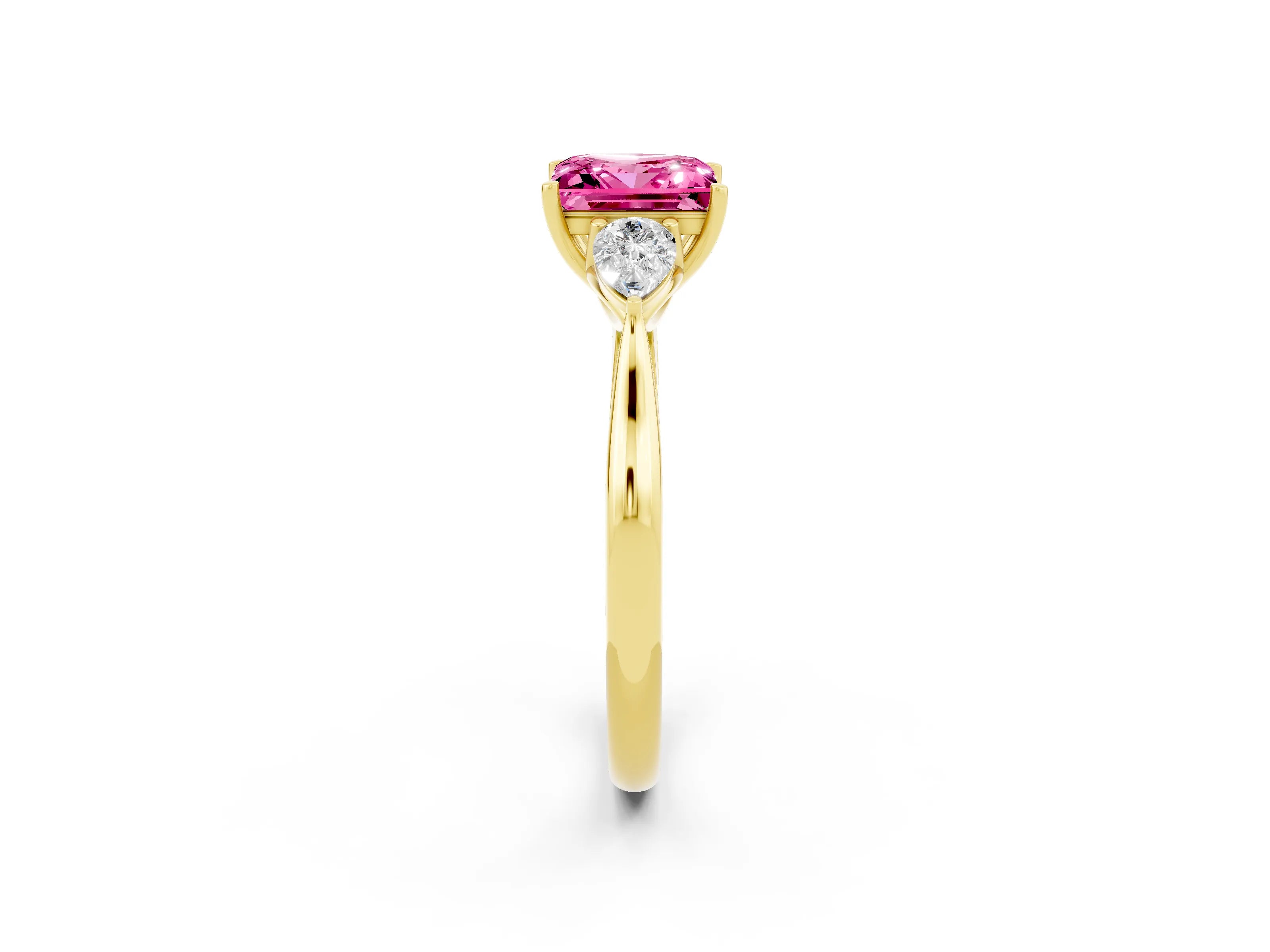 Yellow gold Princess Cut Pink Sapphire Three-Stone Ring with Pear Side Stones and Four-Prong Setting_14