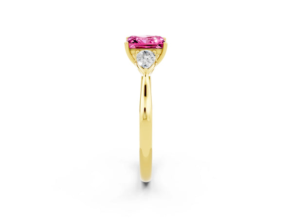 Yellow gold Princess Cut Pink Sapphire Three-Stone Ring with Pear  Side Stones and Prong Setting