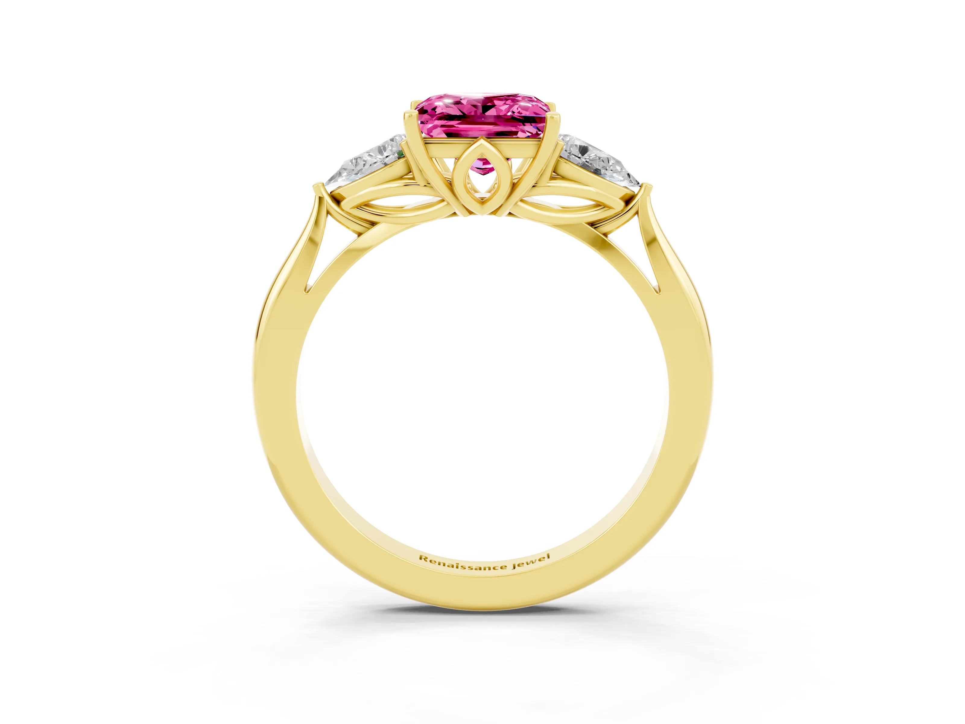 Yellow gold Princess Cut Pink Sapphire Three-Stone Ring with Pear Side Stones and Four-Prong Setting_15