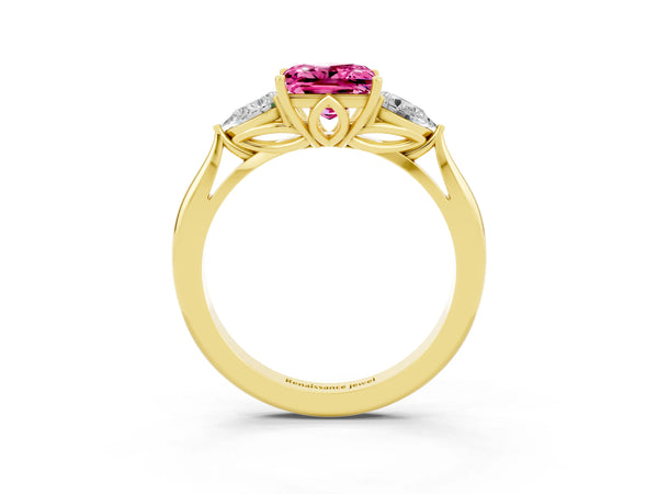 Yellow gold Princess Cut Pink Sapphire Three-Stone Ring with Pear  Side Stones and Prong Setting