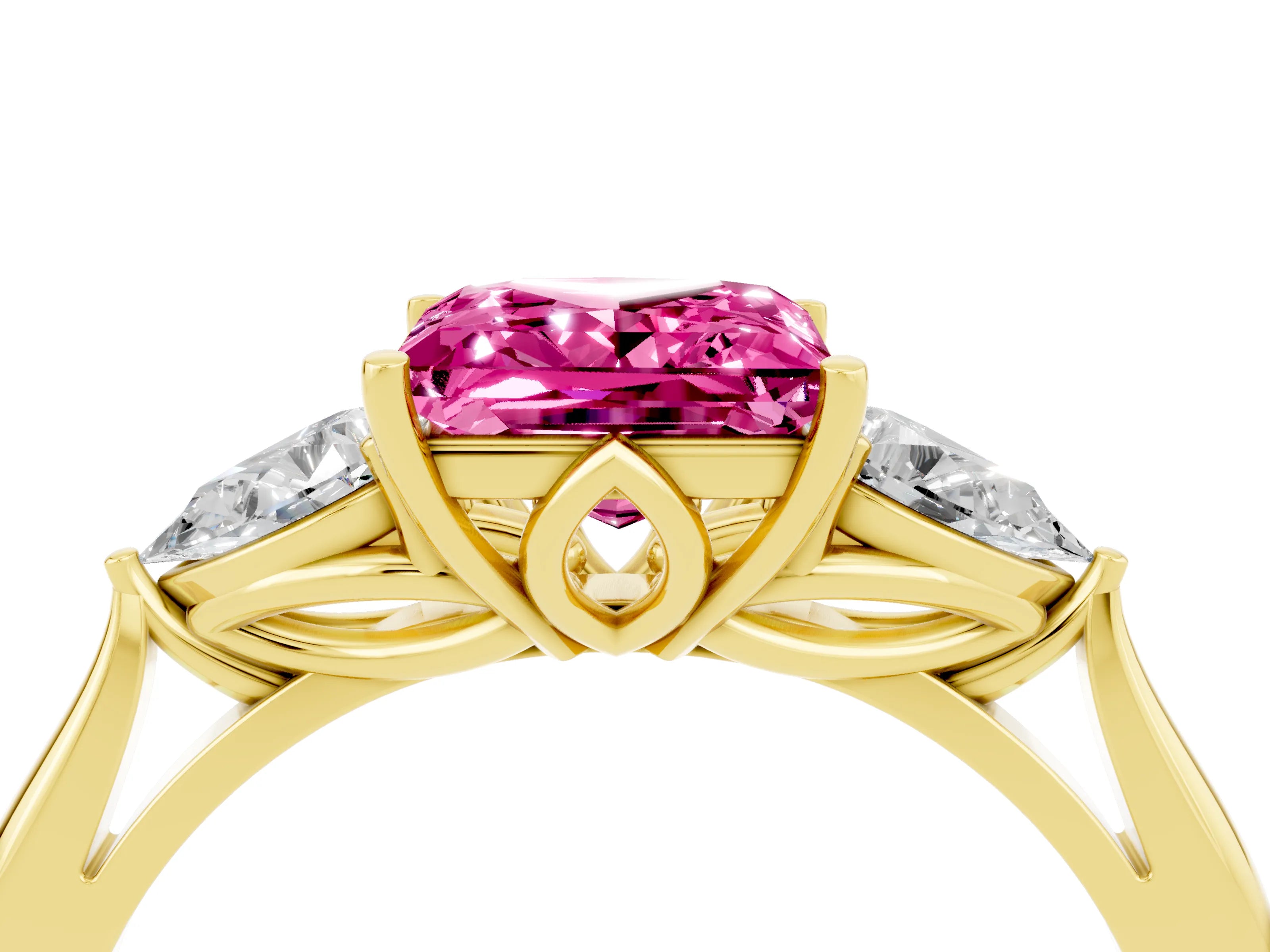 Yellow gold Princess Cut Pink Sapphire Three-Stone Ring with Pear Side Stones and Four-Prong Setting_16