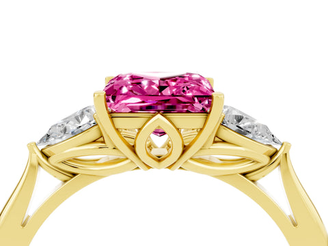 Yellow gold Princess Cut Pink Sapphire Three-Stone Ring with Pear Side Stones and Four-Prong Setting_16