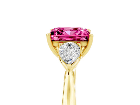 Yellow gold Princess Cut Pink Sapphire Three-Stone Ring with Pear Side Stones and Four-Prong Setting_17