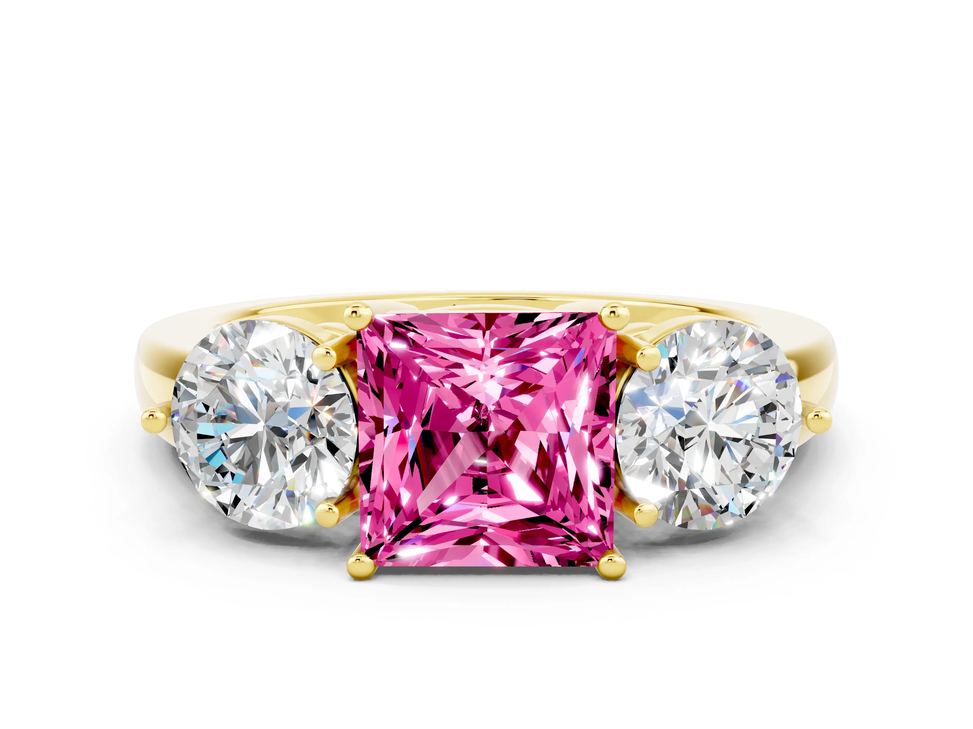 Yellow gold Princess Cut Pink Sapphire Three-Stone Ring with Prong Setting and Classic Band