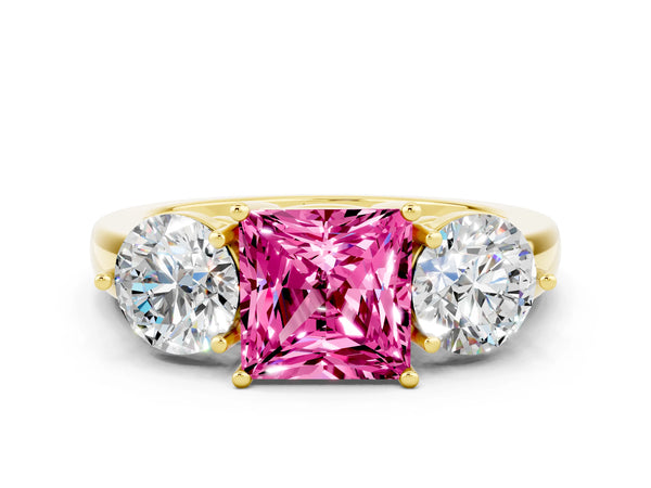 Yellow gold Princess Cut Pink Sapphire Three-Stone Ring with Prong Setting and Classic Band