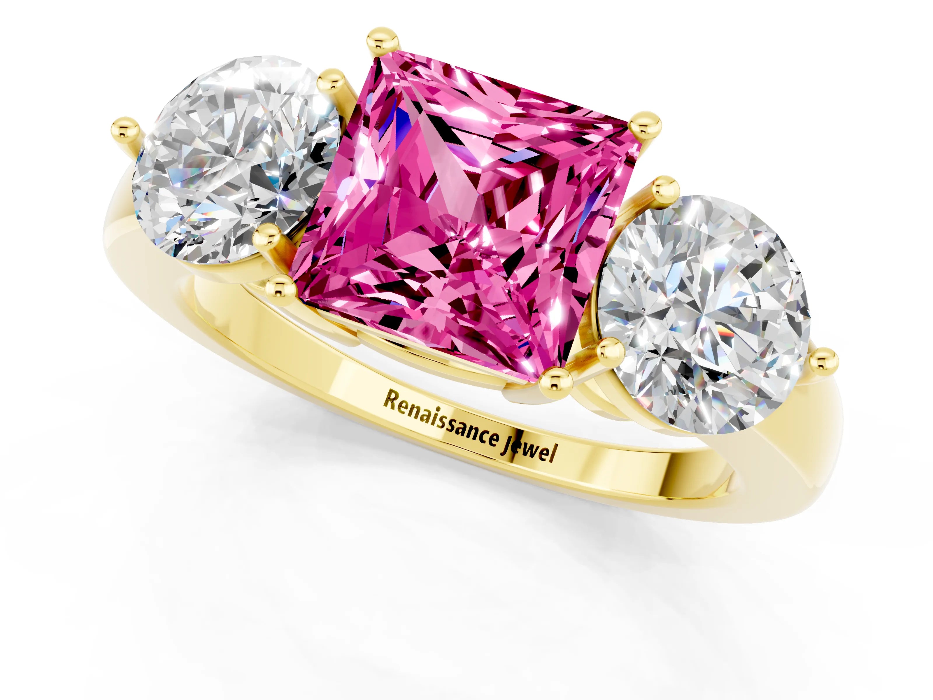 Yellow gold Princess Cut Pink Sapphire Three-Stone Ring with Prong Setting and Classic Band_1