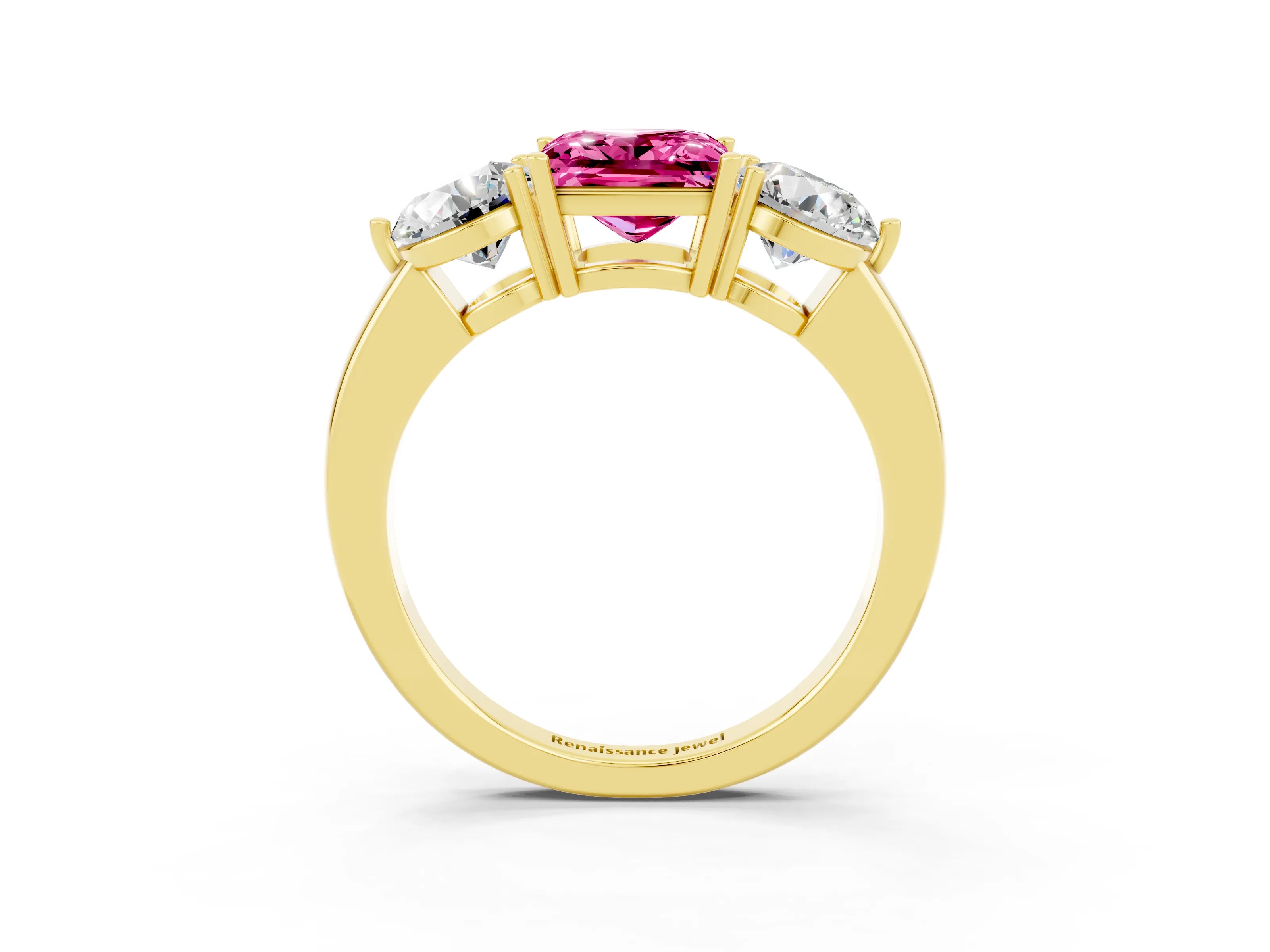Yellow gold Princess Cut Pink Sapphire Three-Stone Ring with Prong Setting and Classic Band_3