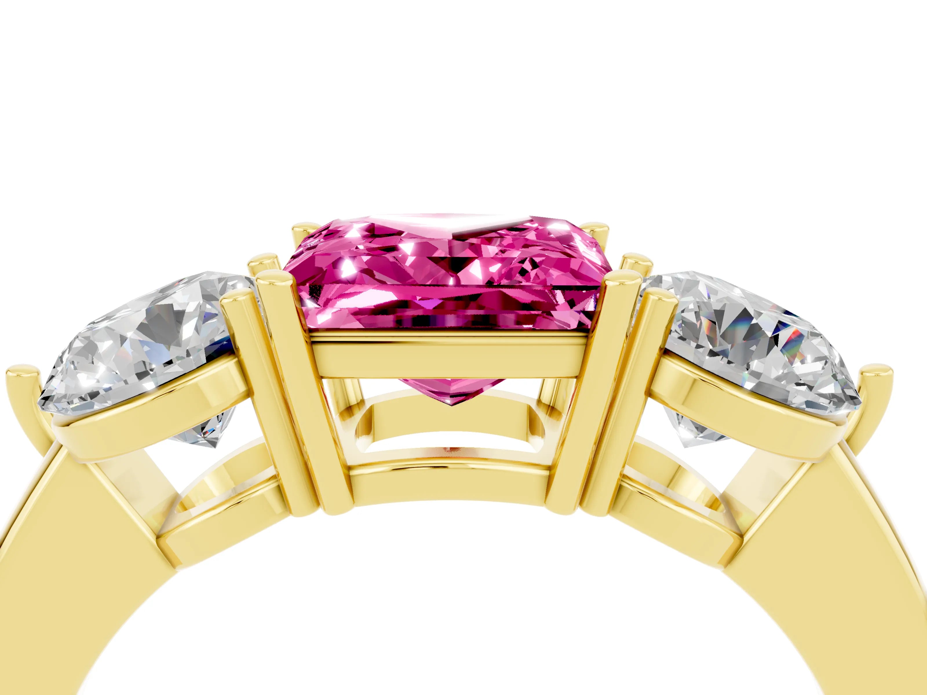 Yellow gold Princess Cut Pink Sapphire Three-Stone Ring with Prong Setting and Classic Band_4