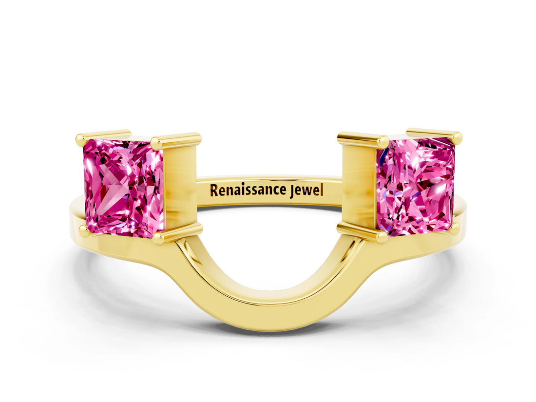 Yellow gold Princess Cut Pink Sapphire Two-Stone Open Band Ring with Four-Prong Setting_18
