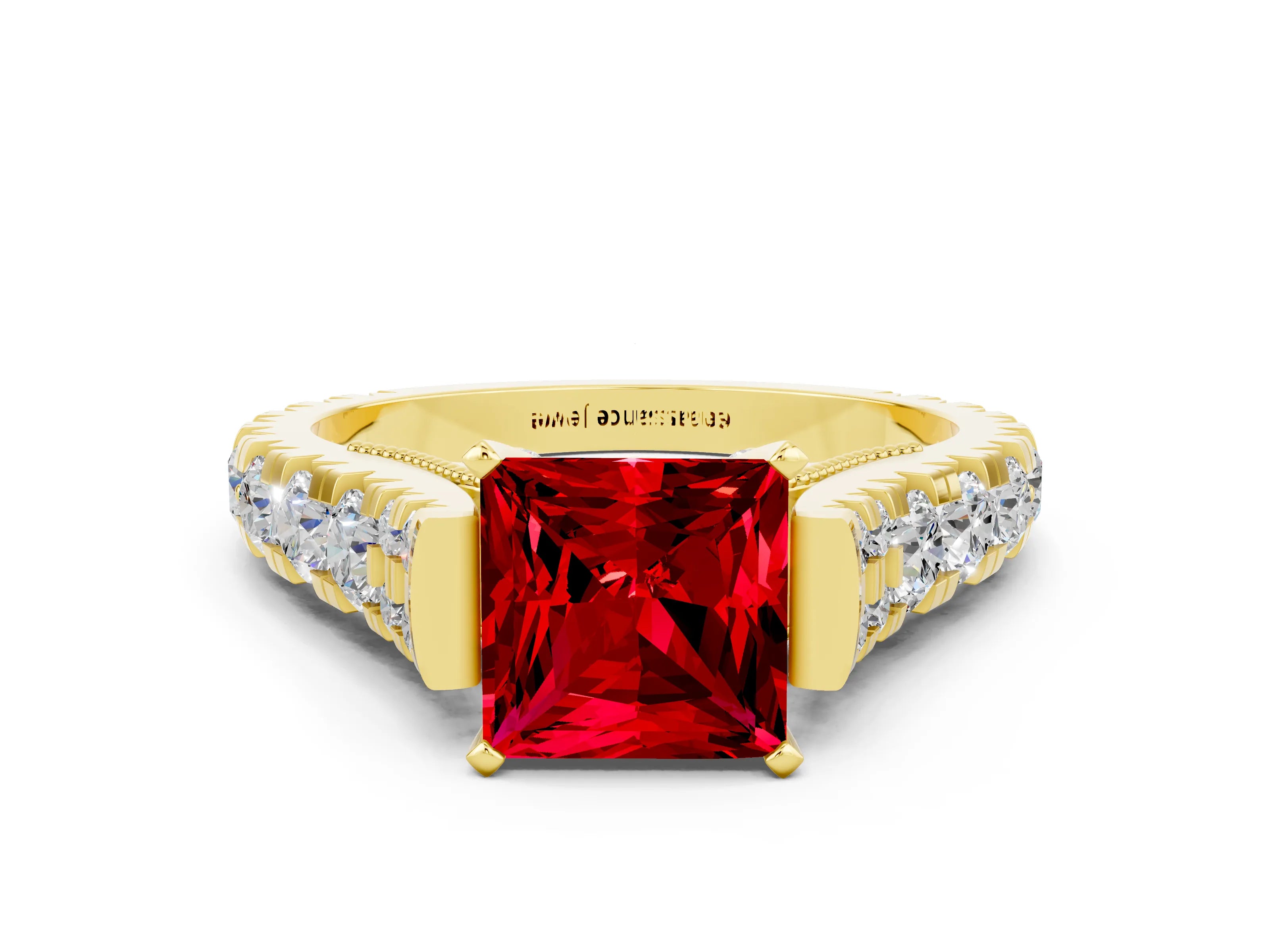 Yellow gold Princess Cut Ruby Classic Solitaire Ring with Pavé Band and Four-Prong Setting