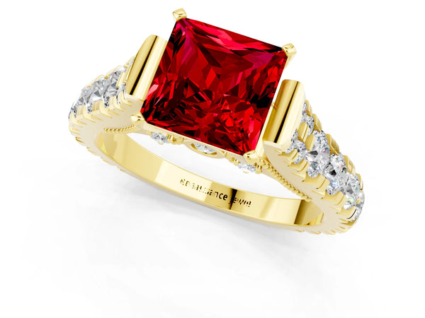 Yellow gold Princess Cut Ruby Classic Solitaire Ring with Pavé Band and Four-Prong Setting