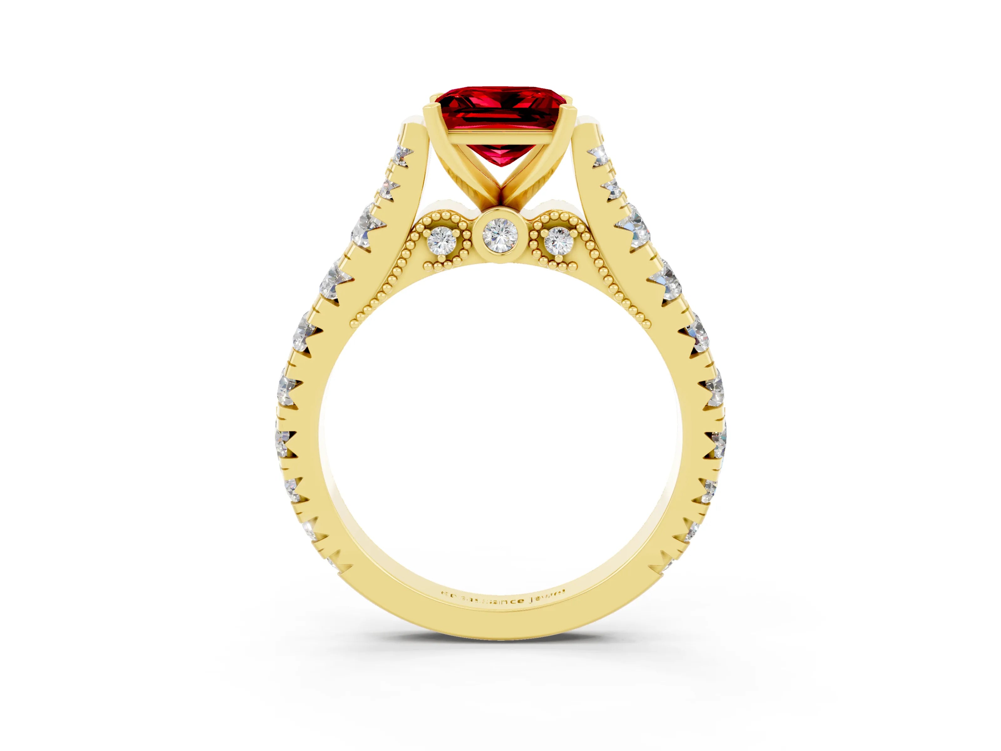 Yellow gold Princess Cut Ruby Classic Solitaire Ring with Pavé Band and Four-Prong Setting_3