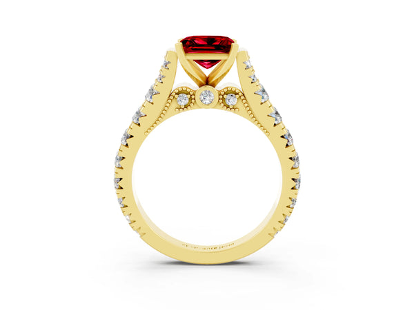 Yellow gold Princess Cut Ruby Classic Solitaire Ring with Pavé Band and Four-Prong Setting